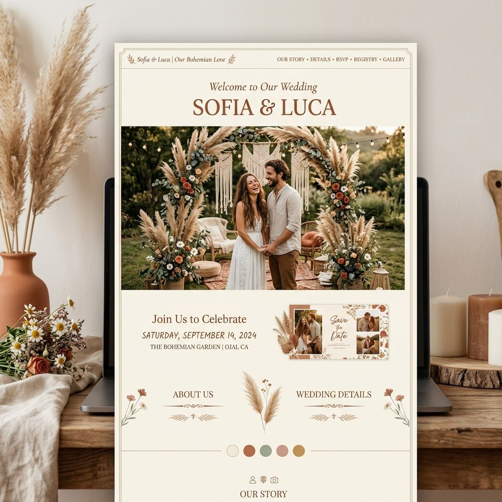 Anteprima template Boho — terracotta e fiori selvatici